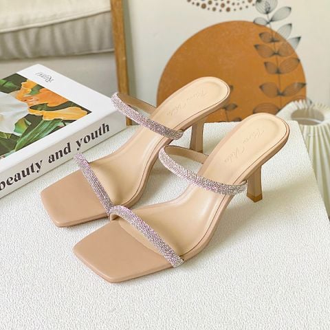  Guốc 7cm gót nhọn mũi vuông 2 quai ngang đính đá - MS: G7-85003 