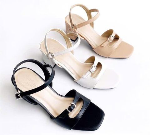  Sandal 5cm gót vuông xéo mũi tròn 2 quai lớn nhỏ phối khóa - MS: S5-23041 