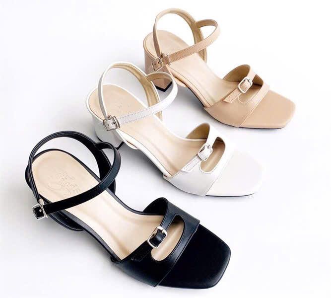 Sandal 5cm gót vuông xéo mũi tròn 2 quai lớn nhỏ phối khóa - MS: S5-23041