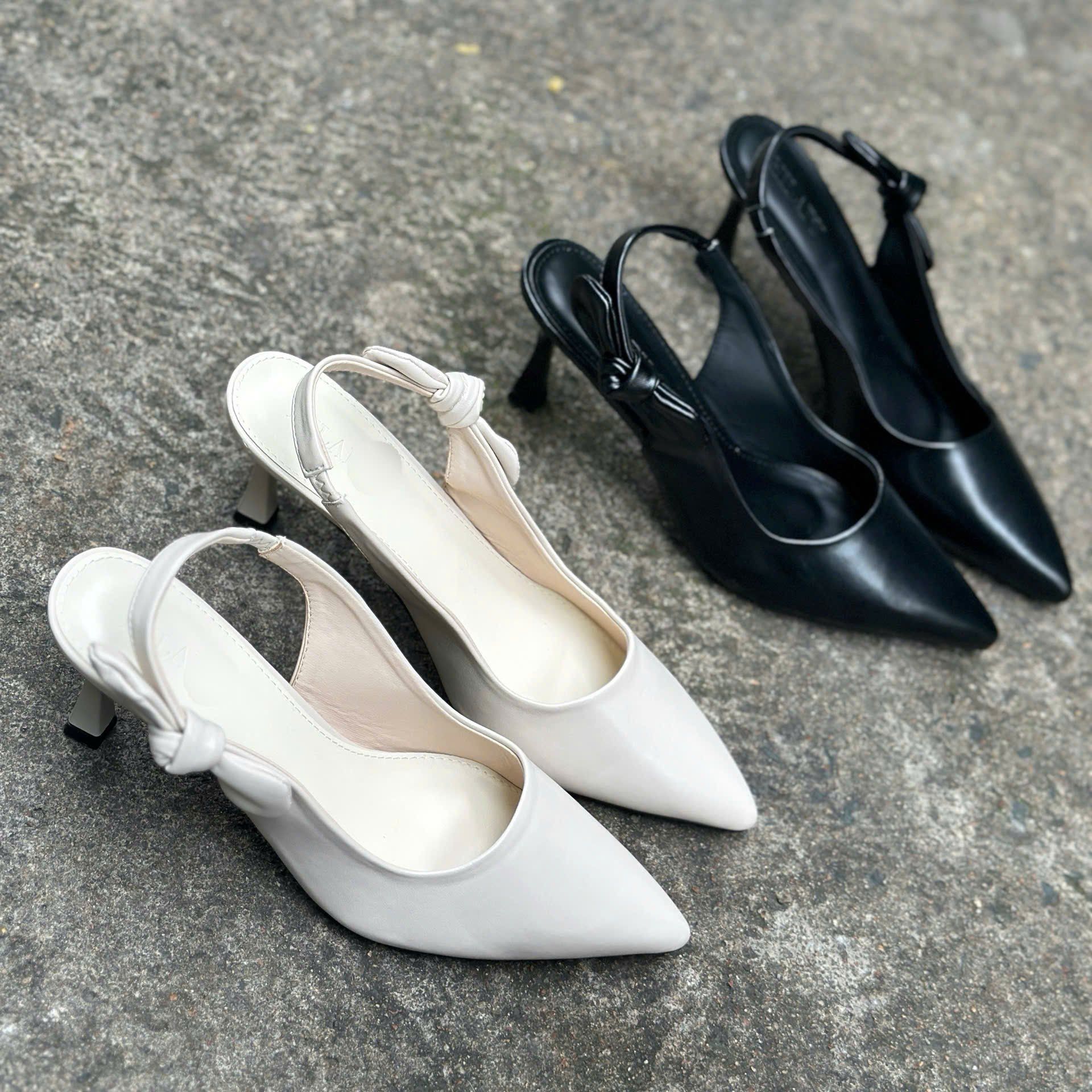 Cao gót 7cm gót nhọn mũi nhọn phối hậu nơ - MS: C7-10027