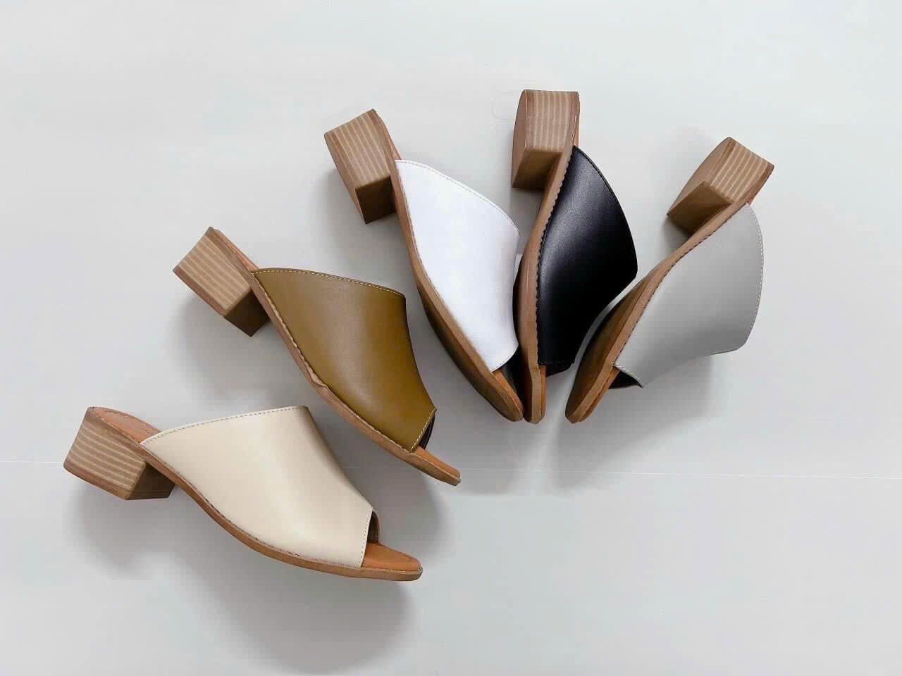 Guốc 3cm gót trụ gỗ mũi tròn quai ngang bảng lớn may chỉ giữa - MS: G3-01001