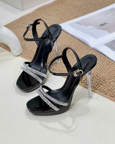  Sandal 12cm gót nhọn mika mũi vuông đúp mũi 2 quai xoàn ngang mảnh - MS: S12-23009 