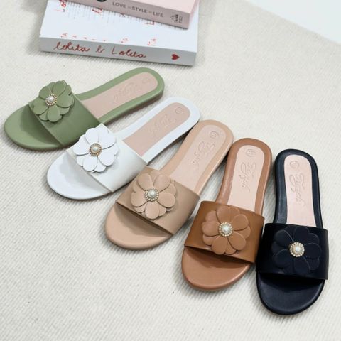  Dép xẹp mũi tròn bảng ngang gắn hoa đá - MS: DX-63079 