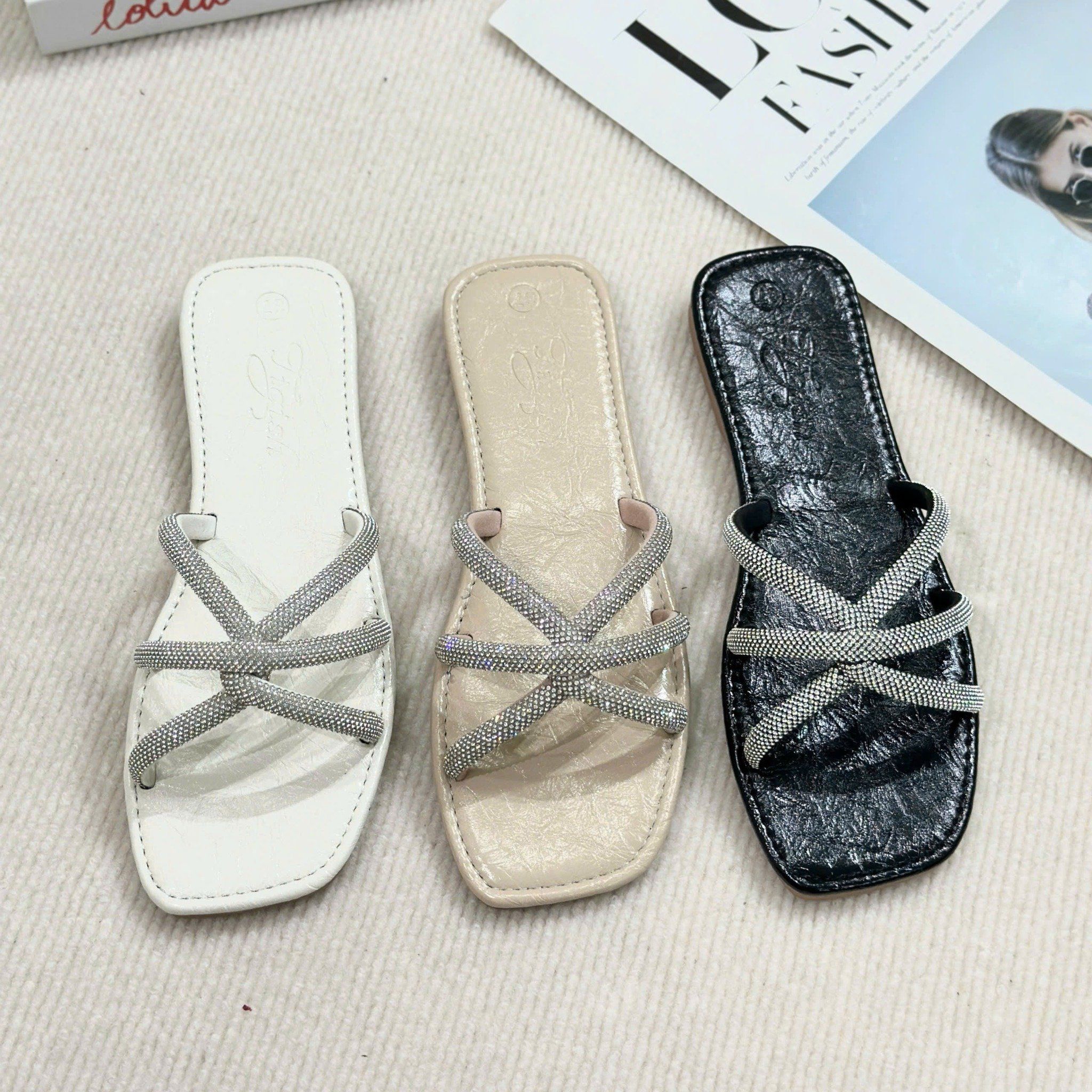 Dép xẹp mũi vuông 3 quai đan dây xoàn - MS: DX-63078