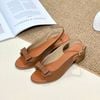 Sandal da 3cm gót vuông vân gỗ mũi tròn quai khuyết giữa gắn nơ liền hậu khóa - MS: S3-01023