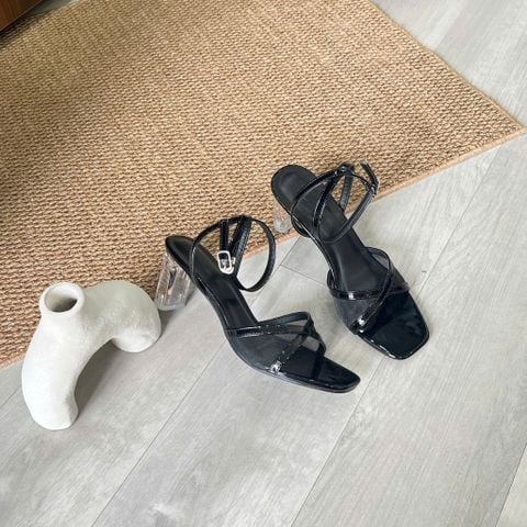 Sandal 7cm gót trụ mika mũi vuông quai lưới viền si chéo - MS: S7-23035 