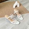 Sandal 7cm gót trụ mika mũi vuông quai lưới viền si chéo - MS: S7-23035