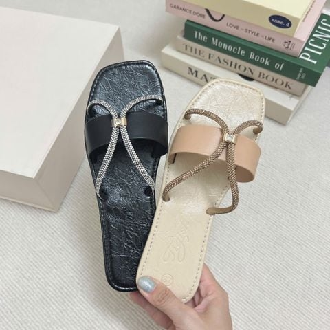  Dép xẹp mũi vuông quai ngang phối dây xoàn khóa - MS: DX-63074 