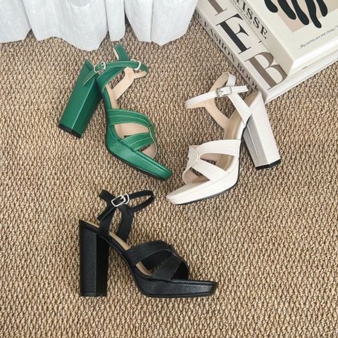  Sandal 11cm gót trụ đúp mũi mũi vuông quai gấp lệch may chỉ - MS: S11-23002 