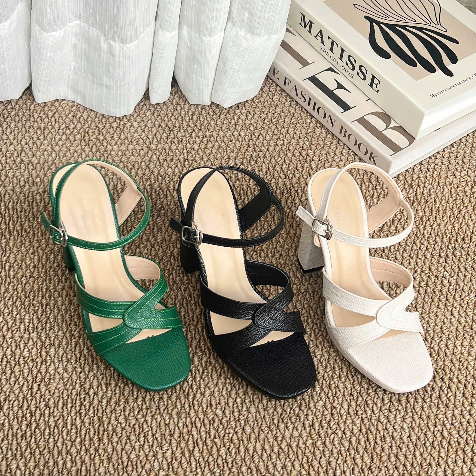 Sandal 11cm gót trụ đúp mũi mũi vuông quai gấp lệch may chỉ - MS: S11-23002