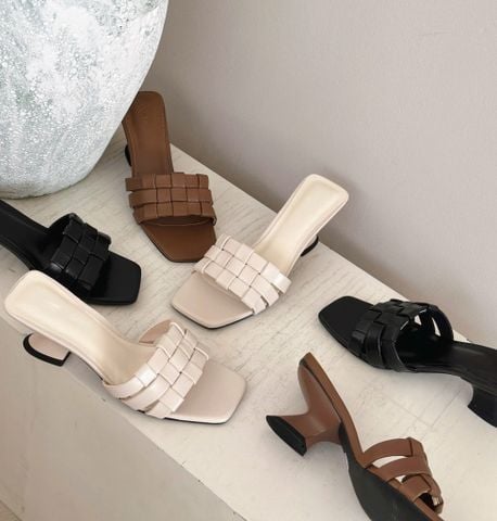  Guốc 7cm gót cách điệu mũi vuông quai đan lưới - MS: G7-10009 