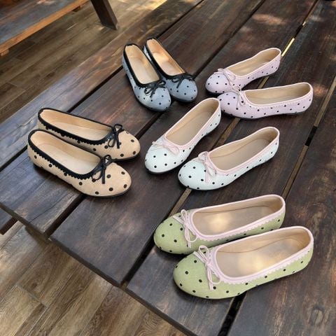  Búp bê mũi tròn viền si họa tiết gắn nơ si nhí vải chấm bi - MS: BBX-01038 