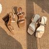 Sandal 8cm vân gỗ mũi vuông 2 quai ngang phối khóa - MS: S8-10002