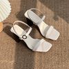 Sandal 8cm vân gỗ mũi vuông 2 quai ngang phối khóa - MS: S8-10002