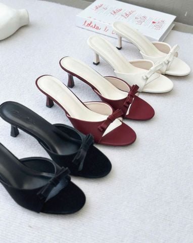  Guốc 6cm gót nhỏ mũi tròn quai ngang khuyết giữa gắn nơ đôi (si nhám) - MS: G6-10002 