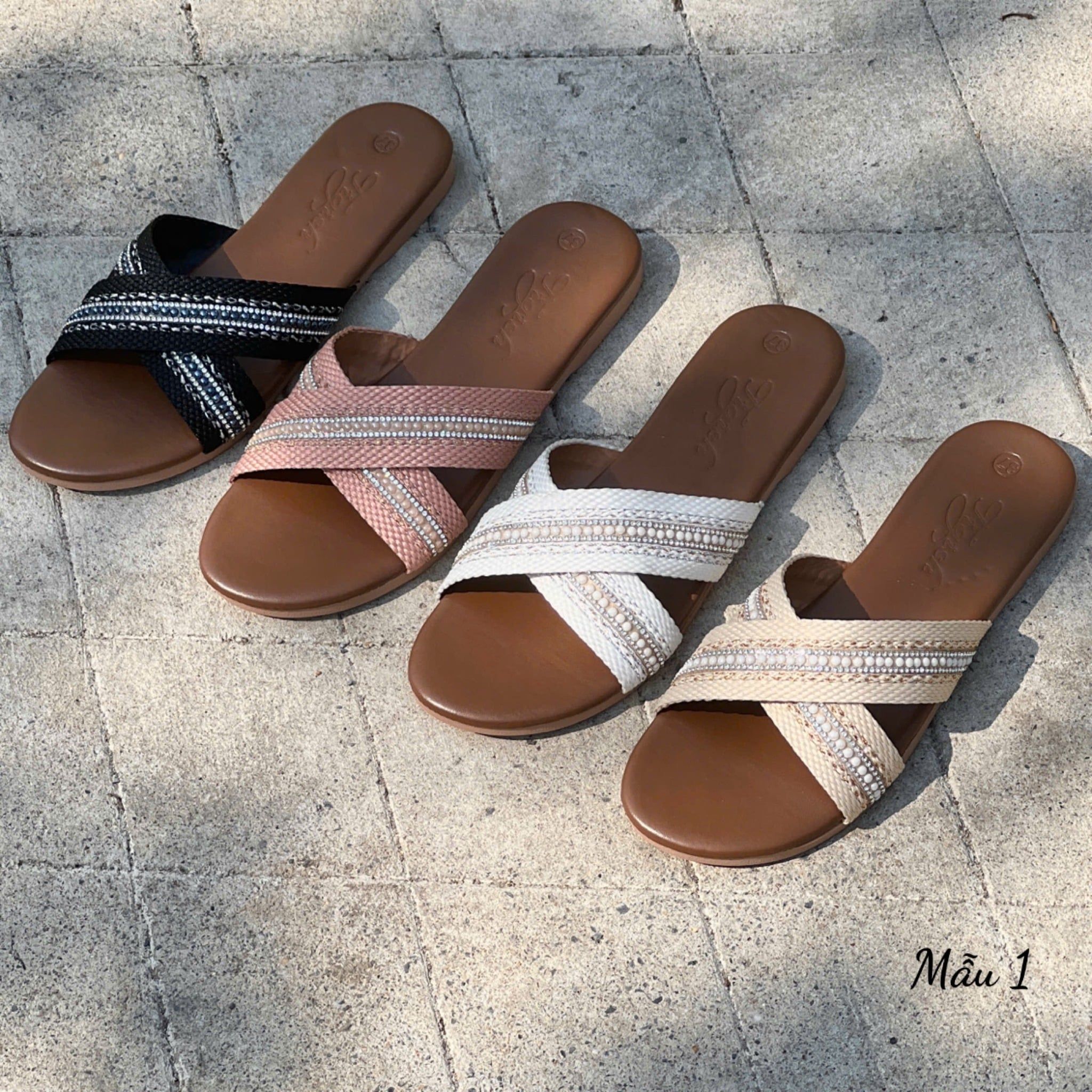 Dép xẹp mũi tròn 2 quai chéo đính đá tròn - MS: DX-63083
