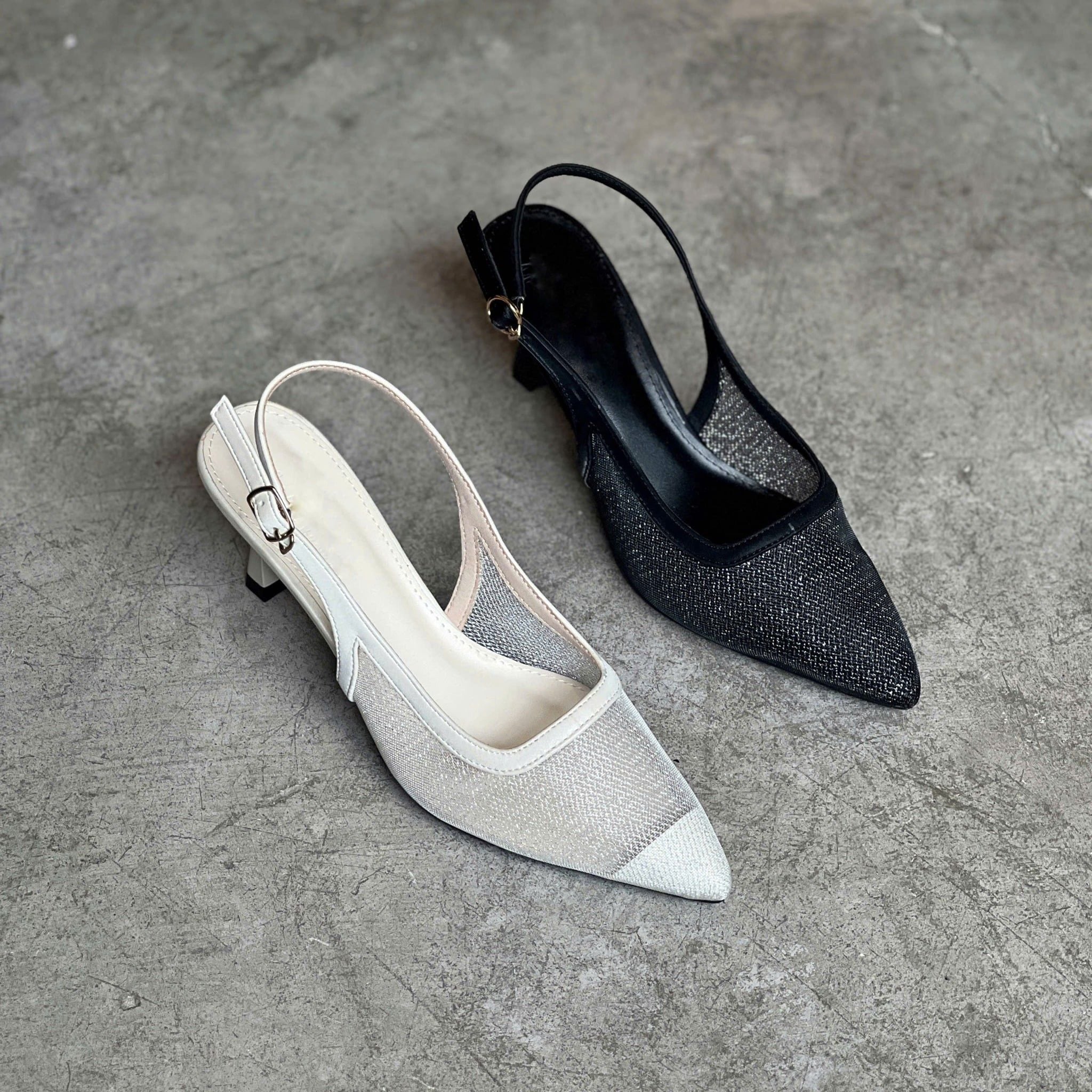 Cao gót 7cm gót nhỏ mũi nhọn quai lưới vá mũi cổ vuông viền si hậu hở khóa - MS: C7-10029