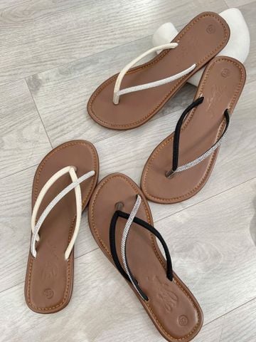  Dép xẹp mũi tròn xỏ ngón 3 quai chéo phối 1 quai đá - MS: DX-63087 