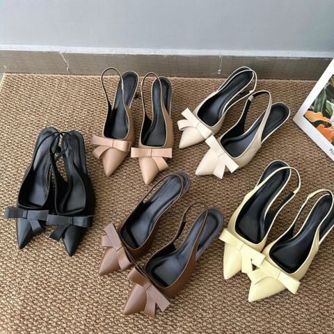  Cao gót 7cm gót vuông nhỏ mũi nhọn cổ vuông gắn nơ đôi lớn hậu thun - MS: C7-10030 