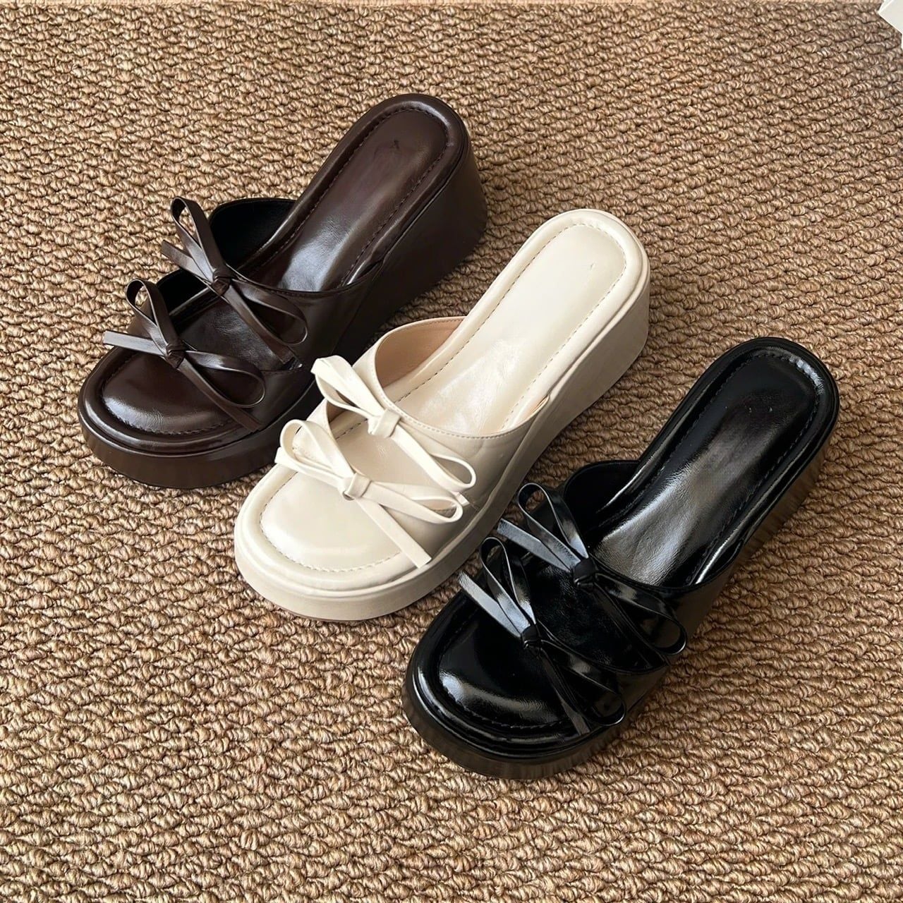 Dép 7cm mũi tròn 2 quai gắn nơ - MS: D7-84002