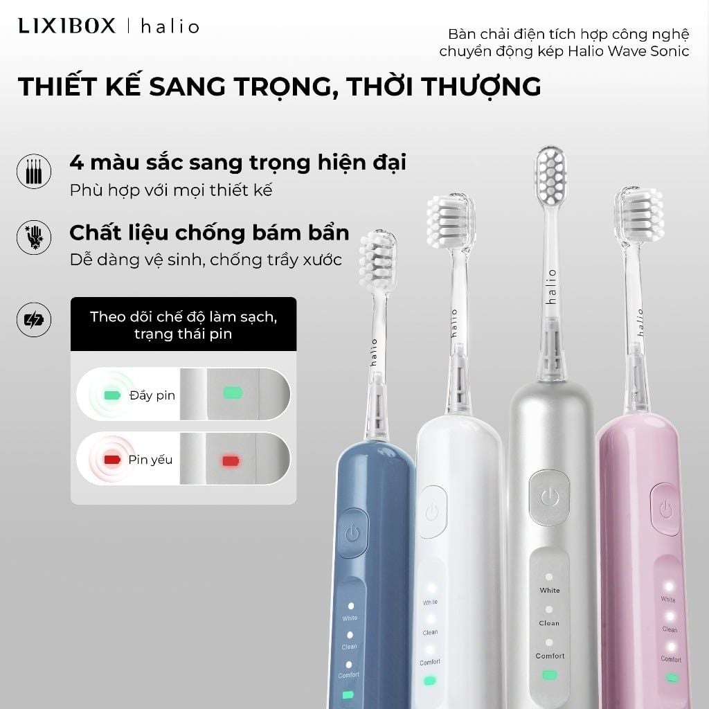 Bàn chải điện Halio Wave Sonic Electric Toothbrush (Trắng/Hồng/Xanh Lá)