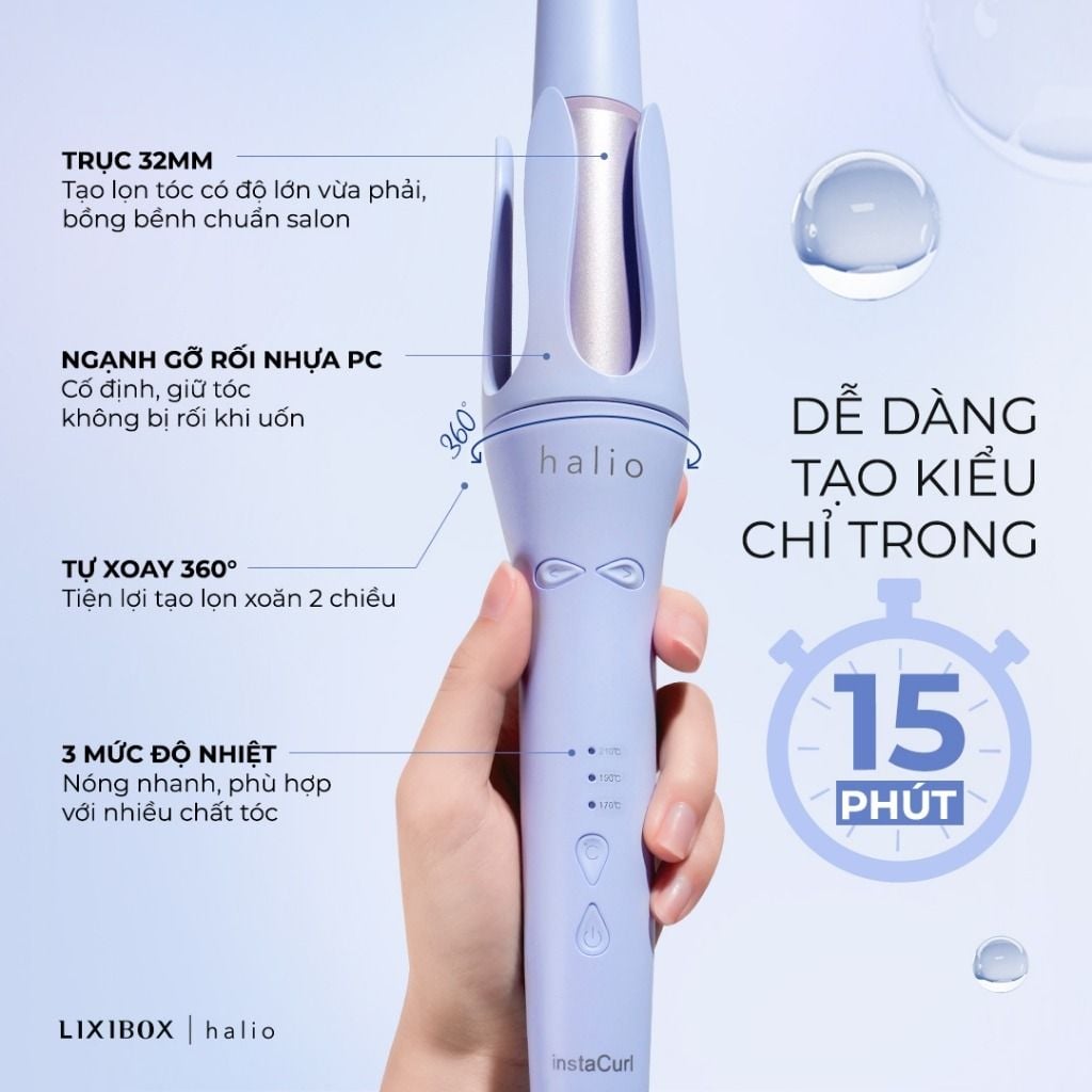 Máy uốn tóc tự xoay ion âm Halio instaCurl Premium Automatic Hair Styler Periwinkle