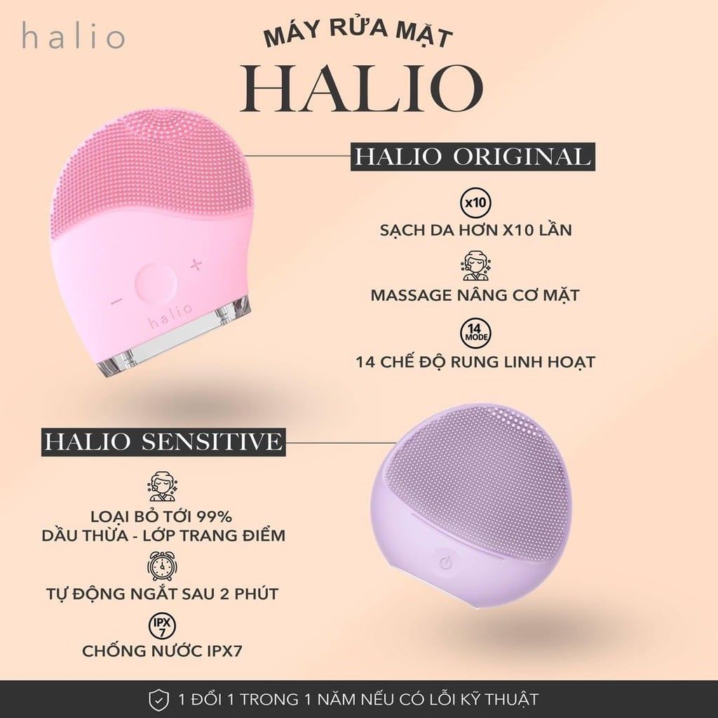 Máy rửa mặt và massage Halio Facial Cleansing & Massaging Device (Hồng Phấn/Xám/Đỏ Hồng)