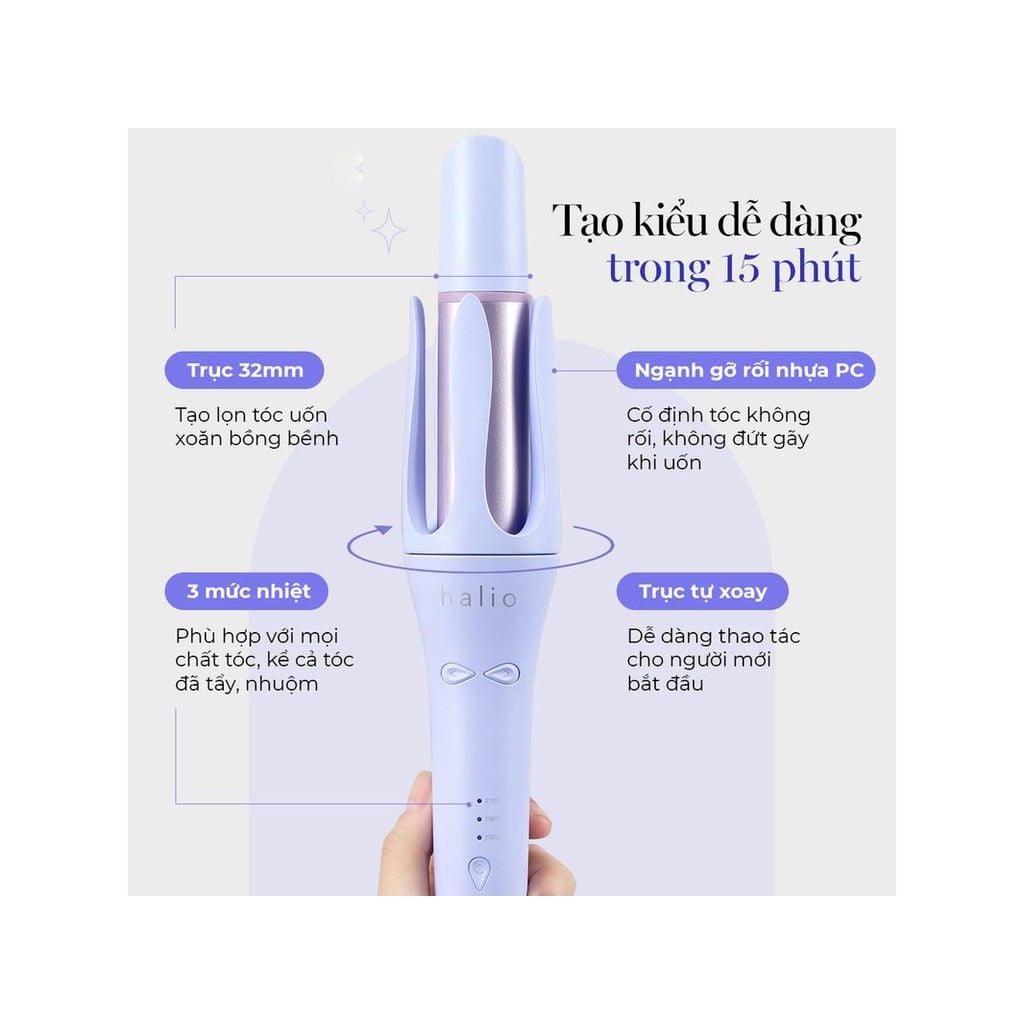 Máy uốn tóc tự xoay ion âm Halio instaCurl Premium Automatic Hair Styler Periwinkle