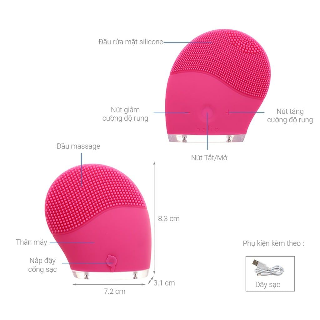 Máy rửa mặt và massage Halio Facial Cleansing & Massaging Device (Hồng Phấn/Xám/Đỏ Hồng)