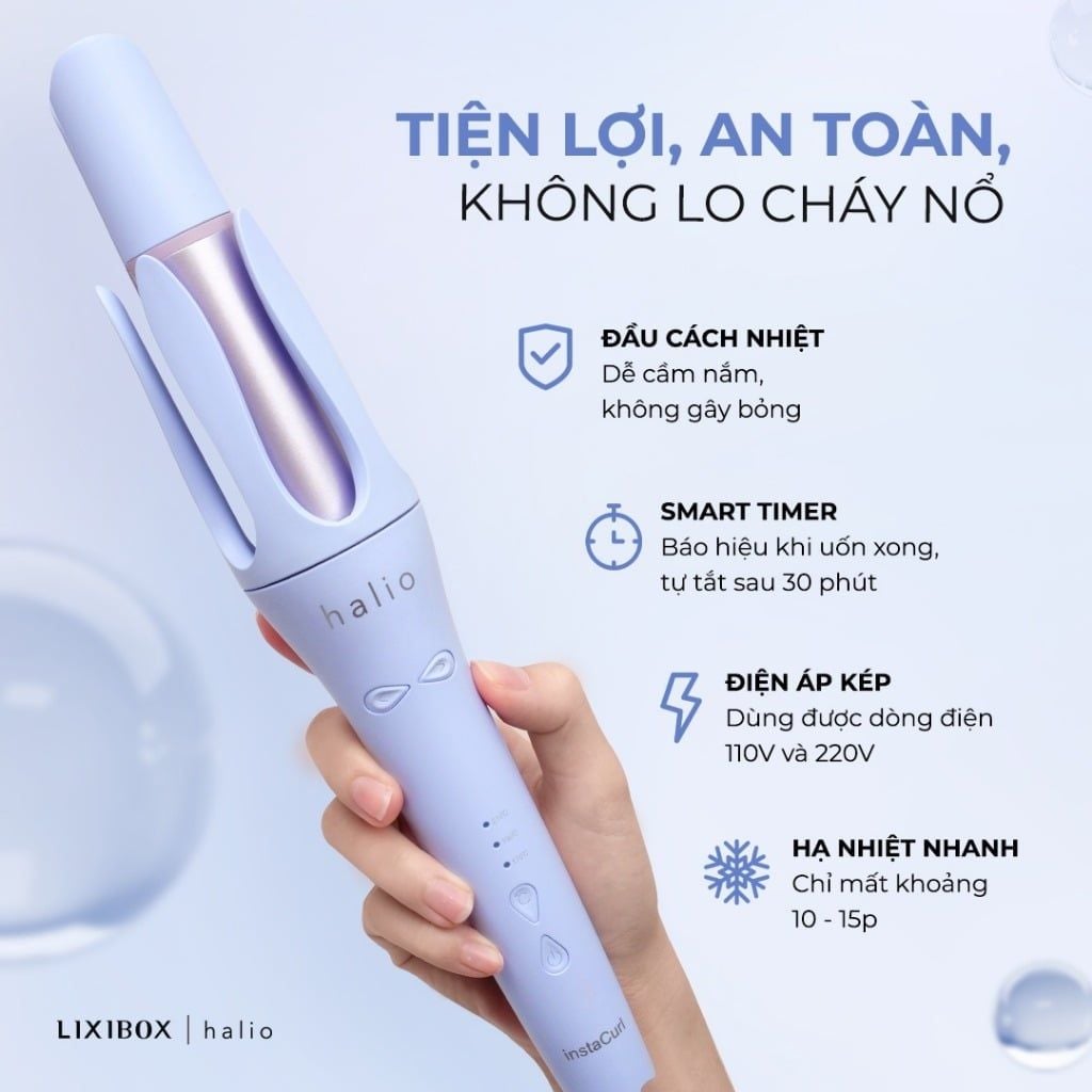 Máy uốn tóc tự xoay ion âm Halio instaCurl Premium Automatic Hair Styler Periwinkle