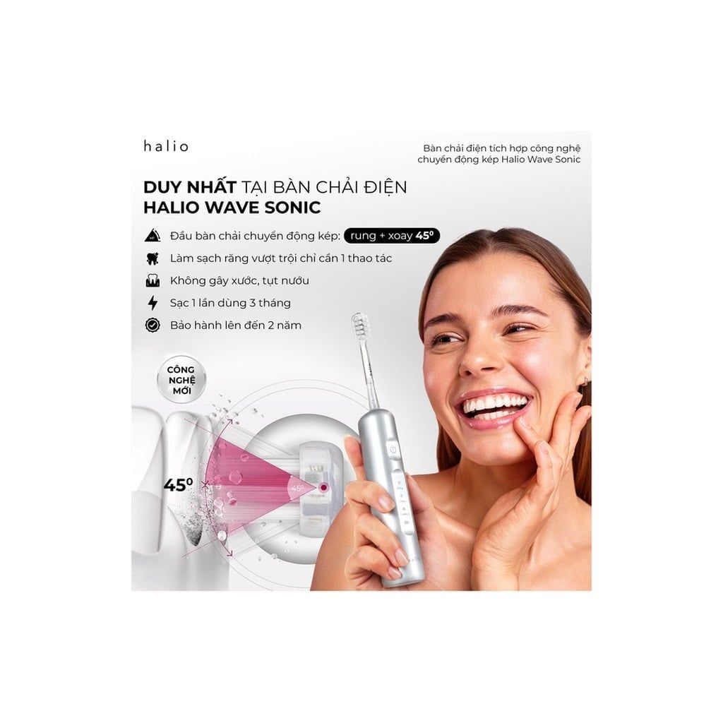 Bàn chải điện Halio Wave Sonic Electric Toothbrush (Trắng/Hồng/Xanh Lá)