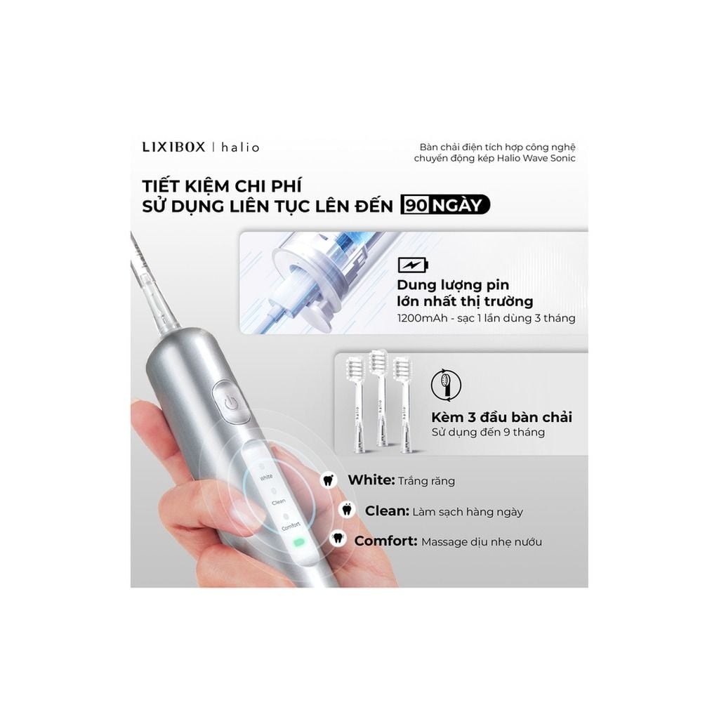Bàn chải điện Halio Wave Sonic Electric Toothbrush (Trắng/Hồng/Xanh Lá)