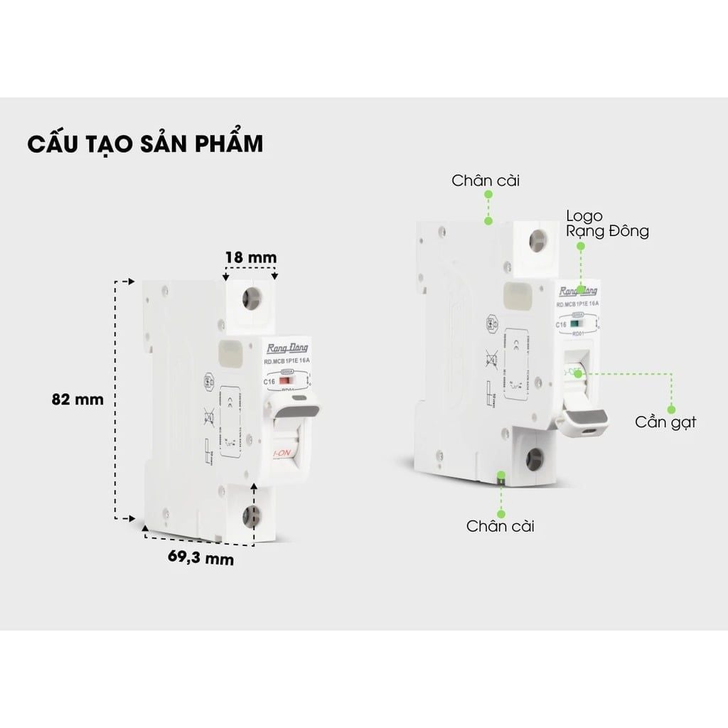 Aptomat ngắn mạch Rạng Đông RD.MCB 1P1E 16A 6kA kiểu C, gắn ray DIN