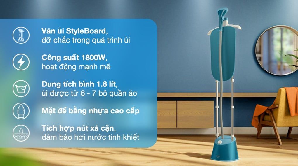 Bàn ủi hơi nước đứng Philips STE1040/20 1800W, kèm cầu ủi nghiêng, bình nước 1.8L