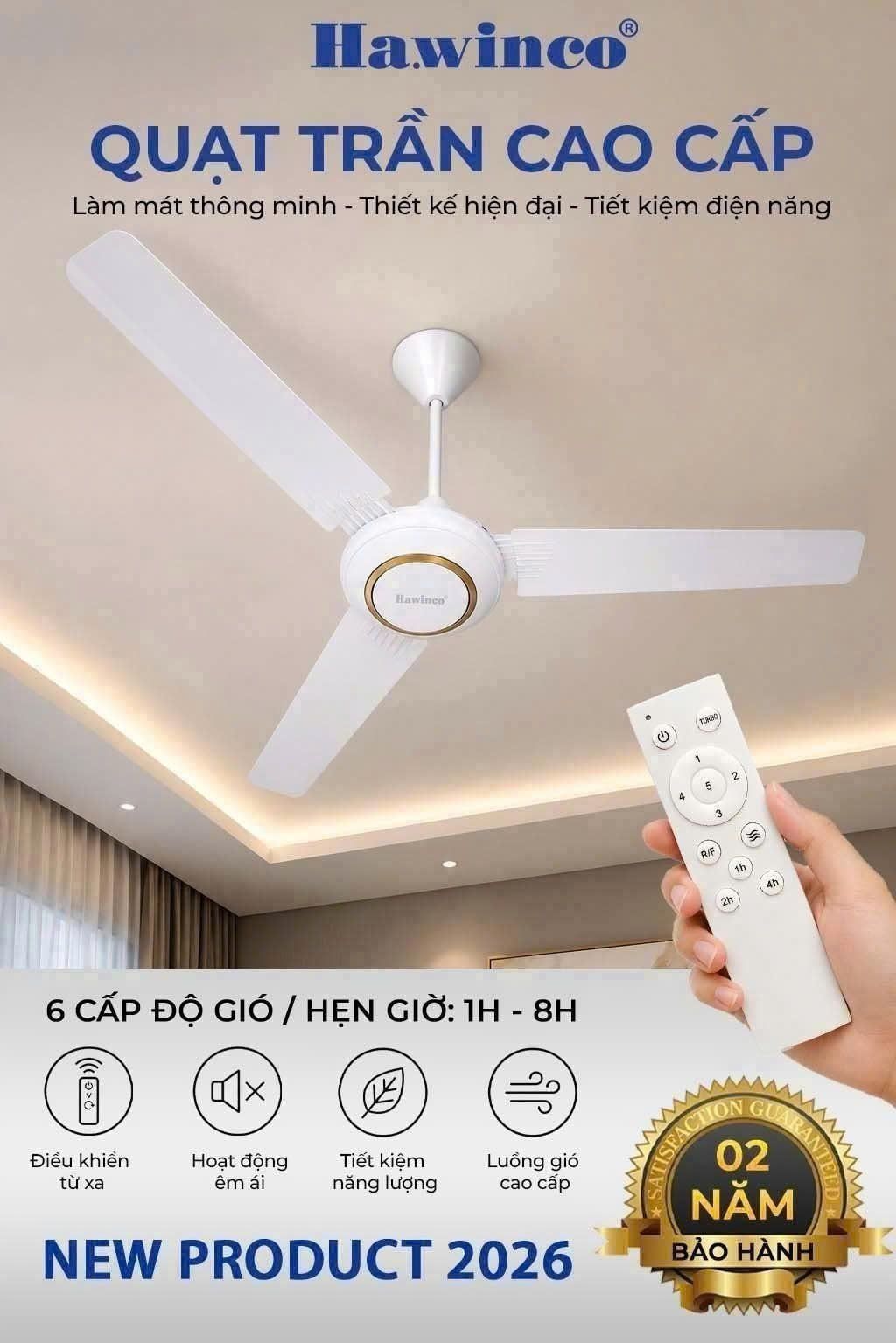 Quạt Trần 3 Cánh HAWINCO QT1400DC - CÓ REMOTE, ĐỘNG CƠ DC