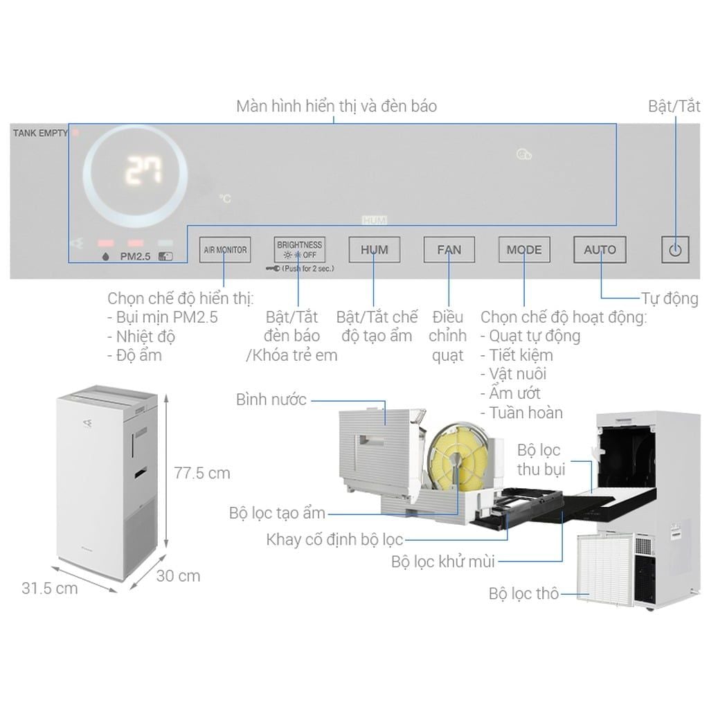 Máy lọc không khí tạo ẩm Daikin MCK70ZVM7-W