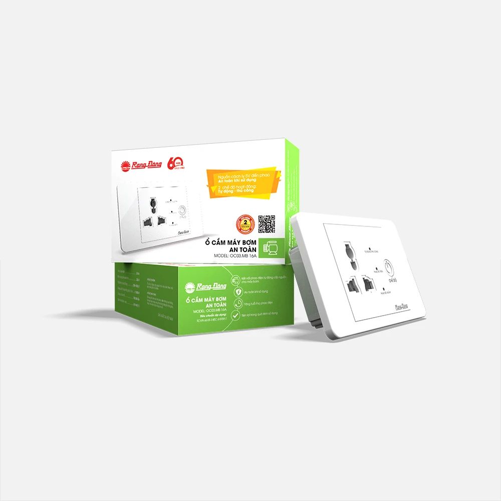 Ổ cắm máy bơm Rạng Đông OC03.MB 16A, tải hoạt động đến 1500W