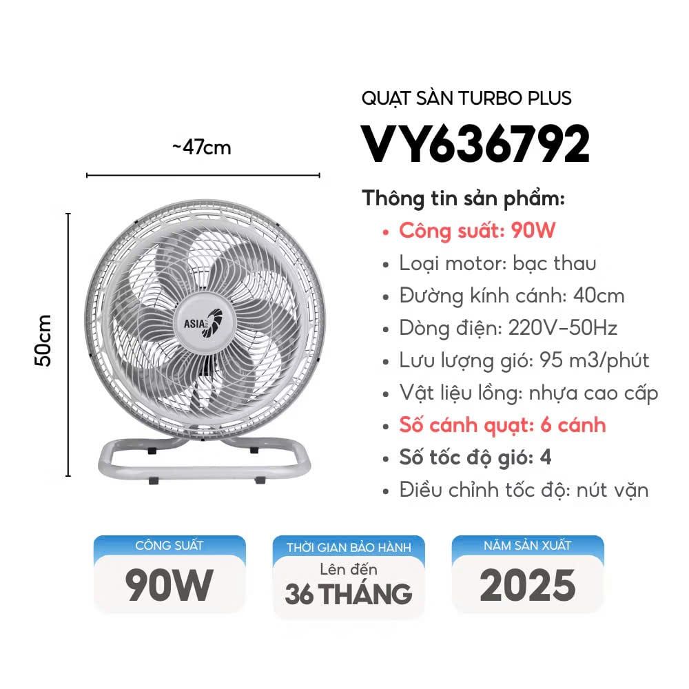 Quạt sàn ASIAVINA TURBO PLUS VY636892 (Đen cam)/ VY636792 (Xám)/ VY636092 (Đen xanh) -90w Siêu mạnh