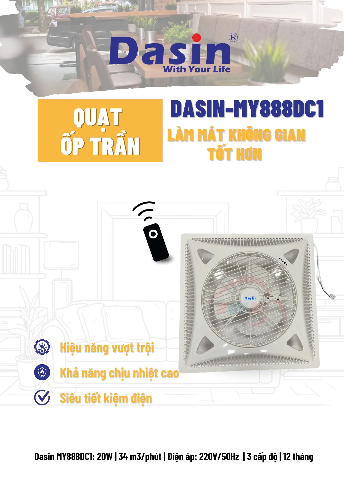 Quạt Ốp Trần Dasin MY-888C / MY-888DC1 (có remote)