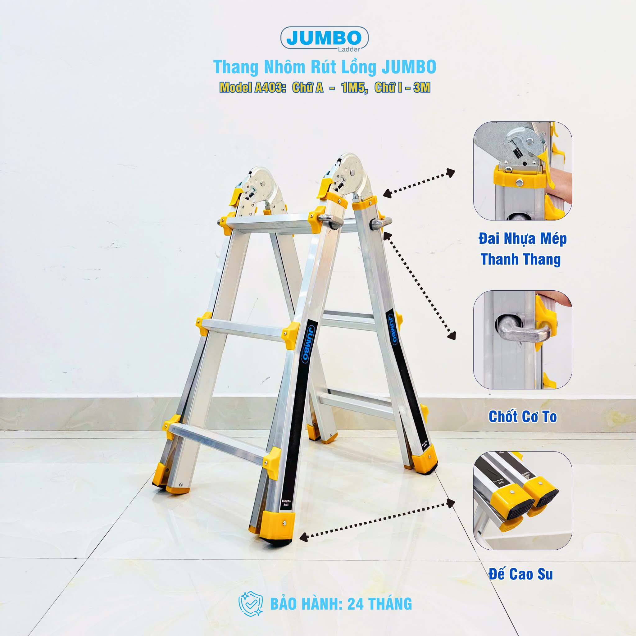 Thang nhôm rút lồng JUMBO A404, chữ A cao nhất 1.9m