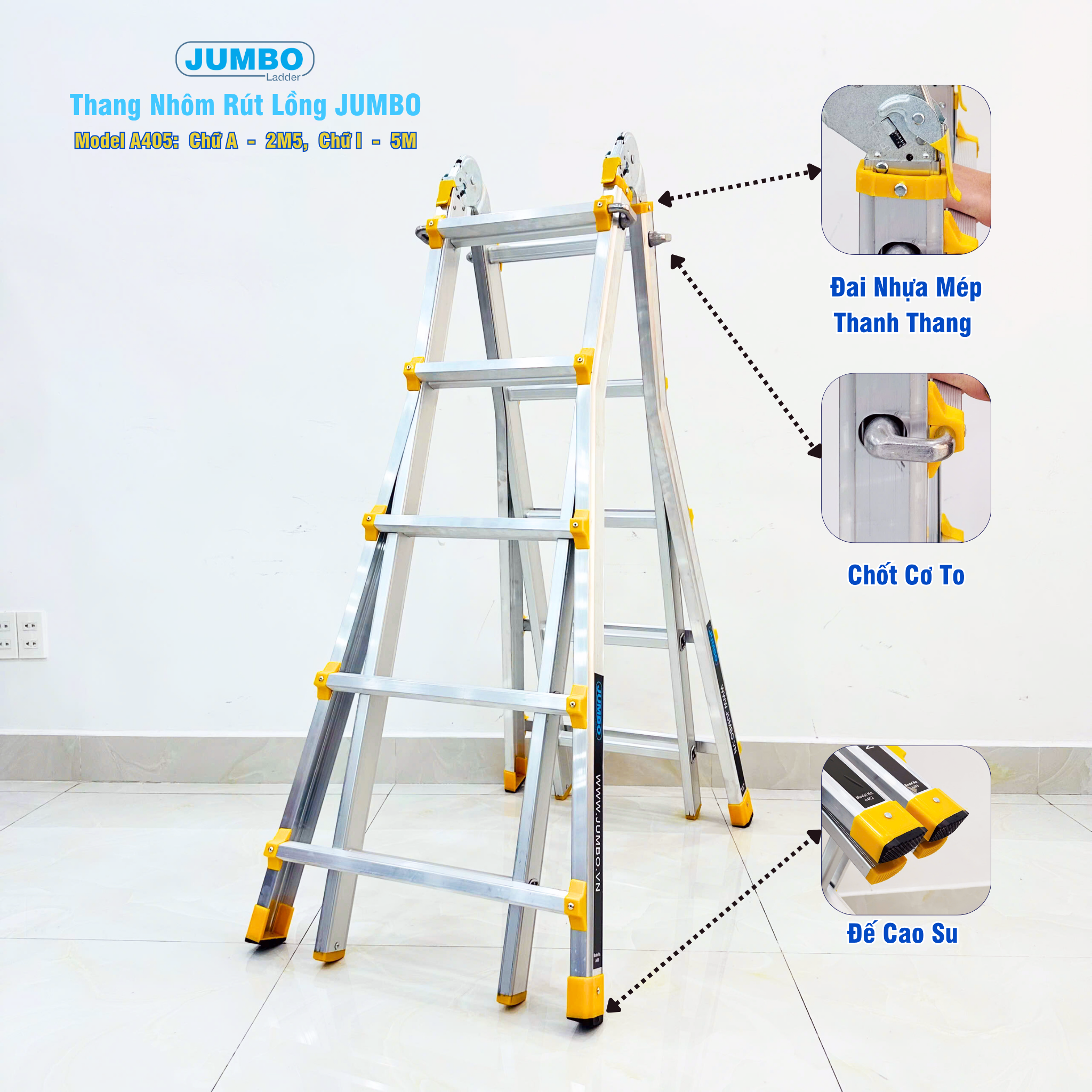 Thang nhôm rút lồng JUMBO A405, chữ A cao nhất 2.5m