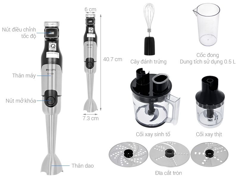Máy xay cầm tay Philips HR2531/00 1200W, công nghệ ProMix, 2 cối xay và 1 cốc xay