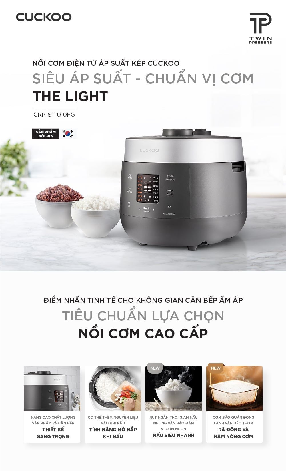 Nồi cơm điện tử áp suất kép Cuckoo CRP-ST1010FG Xám 1.8L
