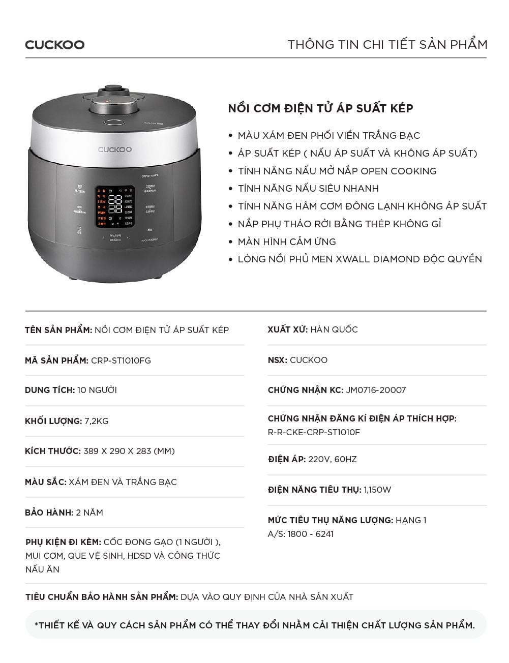 Nồi cơm điện tử áp suất kép Cuckoo CRP-ST1010FG Xám 1.8L