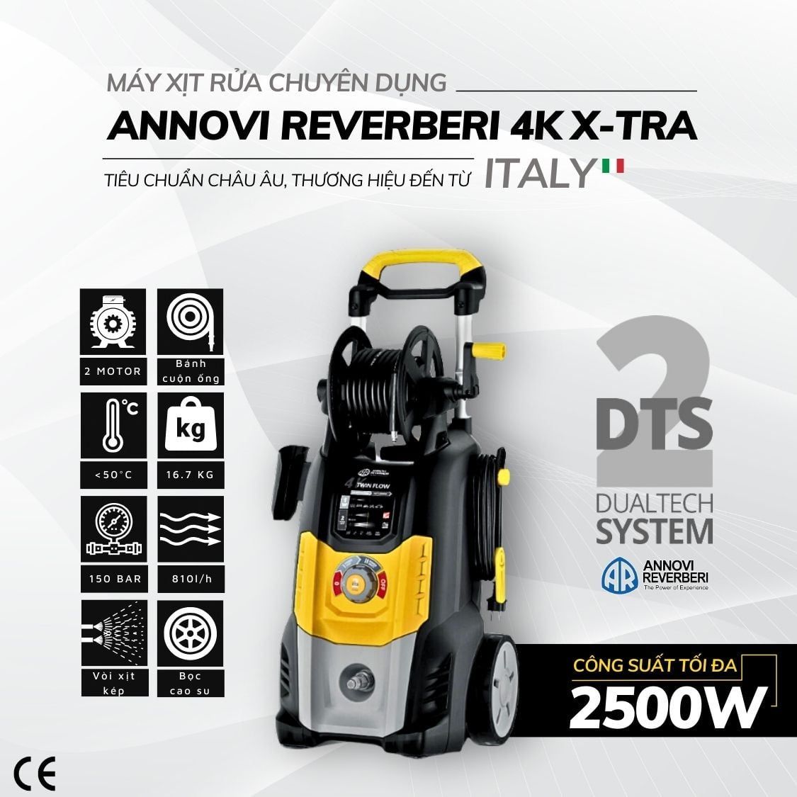 MÁY XỊT RỬA CHUYÊN DỤNG ANNOVI REVERBERI ITALY 4K TWIN FLOW – MOTOR KÉP, ÁP LỰC CAO 150BAR, 2500W