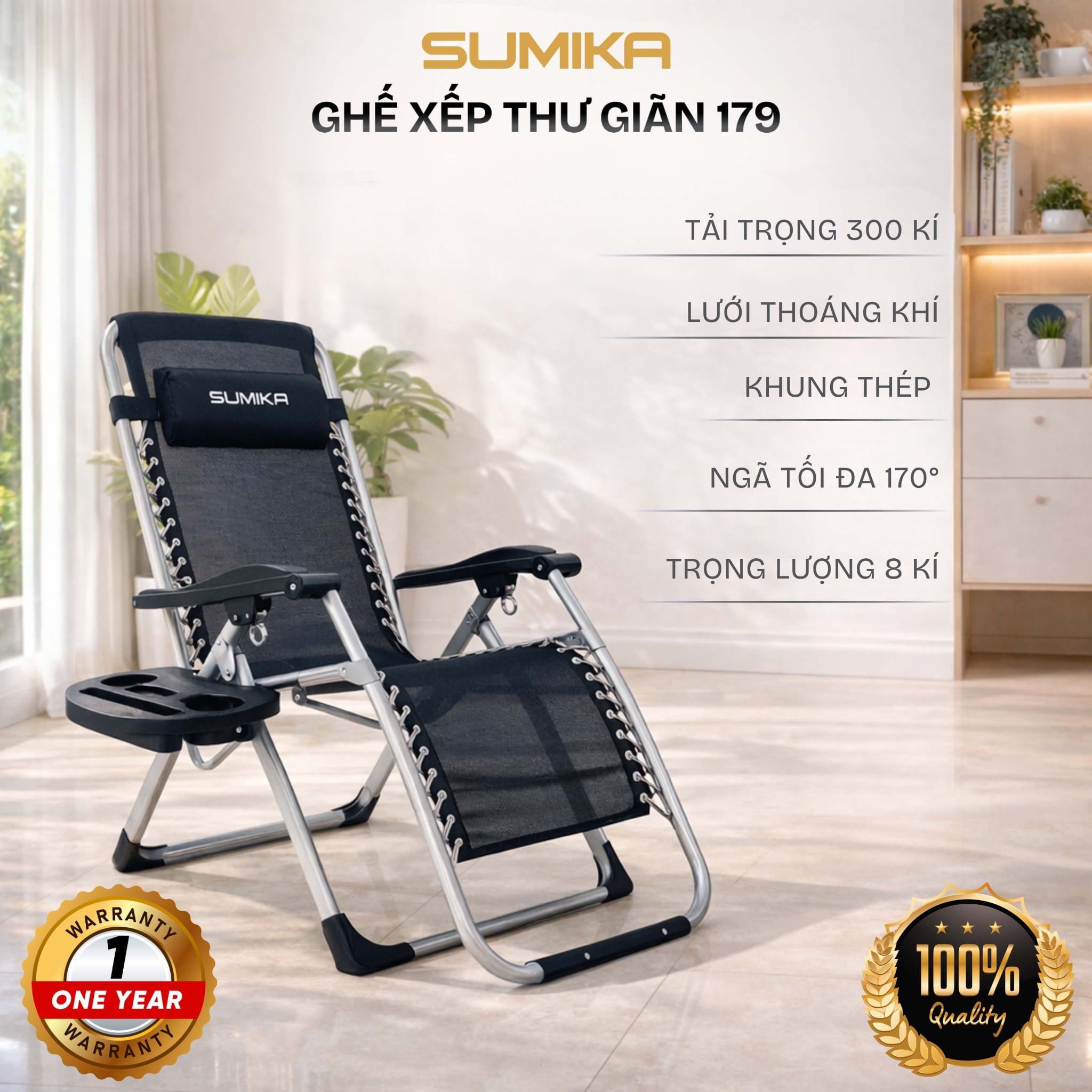 Ghế xếp thư giãn Sumika 179, lưới đen, khung xám
