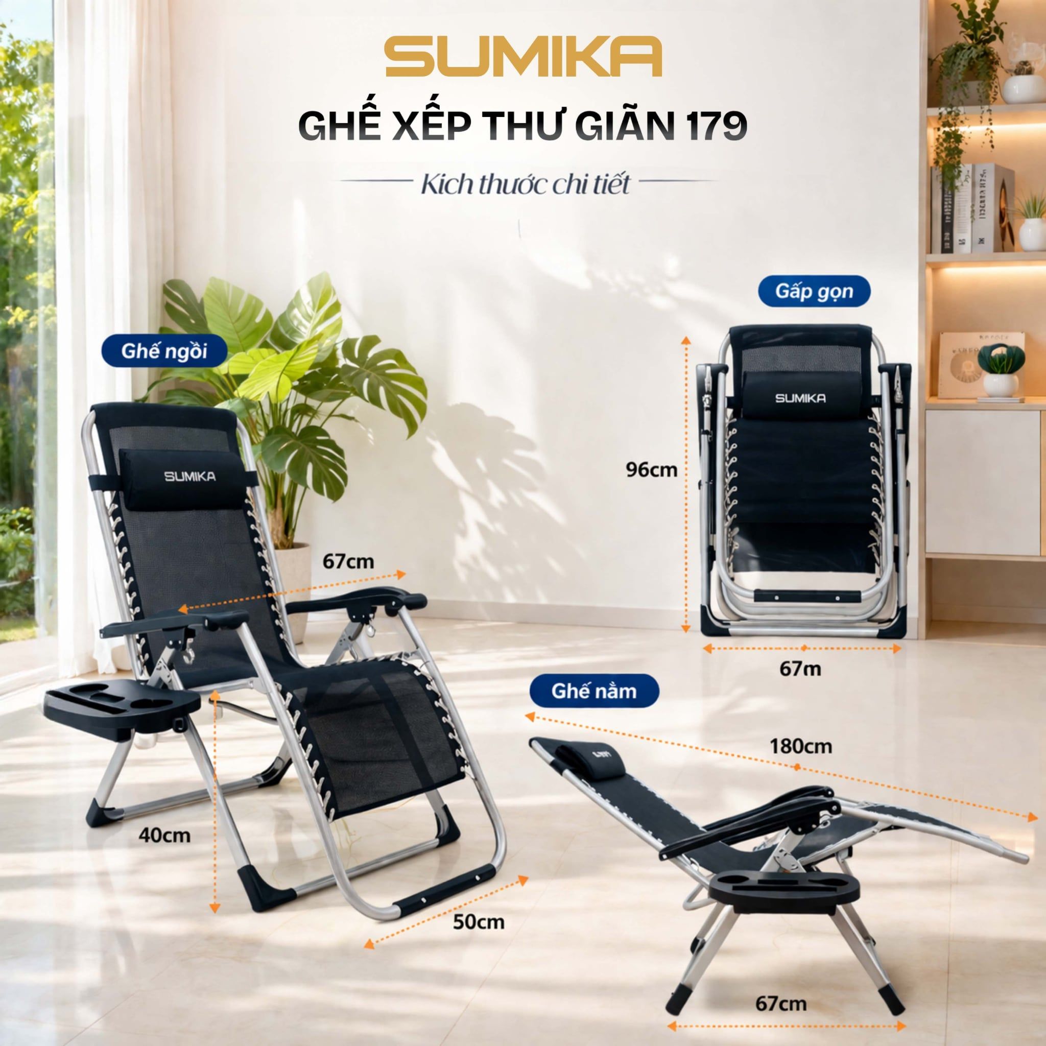 Ghế xếp thư giãn Sumika 179, lưới đen, khung xám