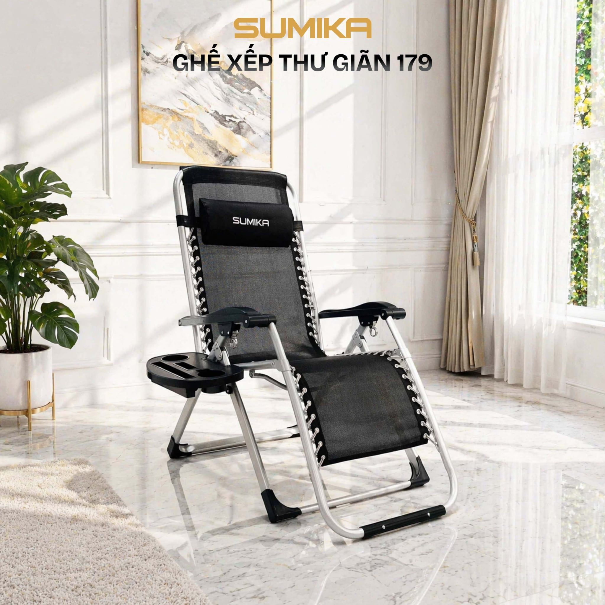 Ghế xếp thư giãn Sumika 179, lưới đen, khung xám