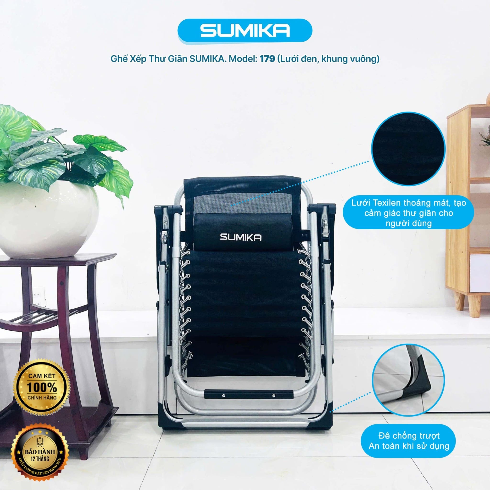 Ghế xếp thư giãn Sumika 179, lưới đen, khung xám