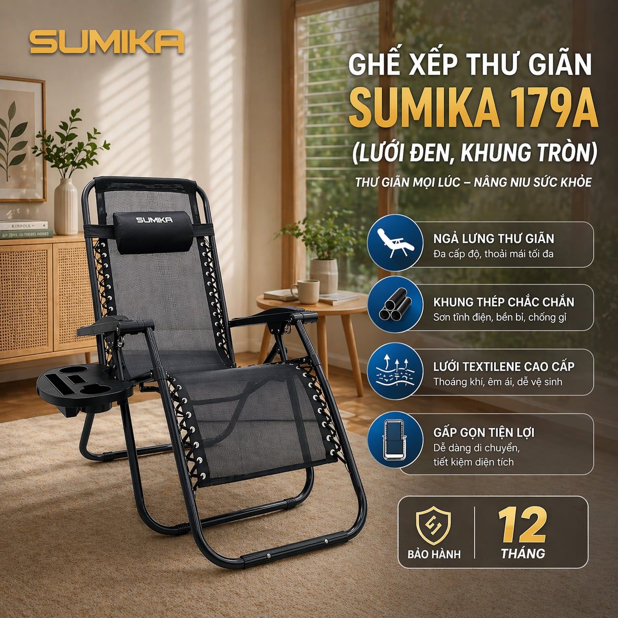 Ghế xếp thư giãn Sumika 179A, khóa kim loại, tải trọng 200kg